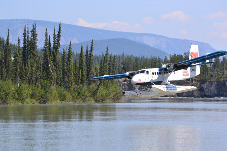 A float plane landing on the Nahanni River in Nahanni National Park Preserve in Canada's Northwest Territories.