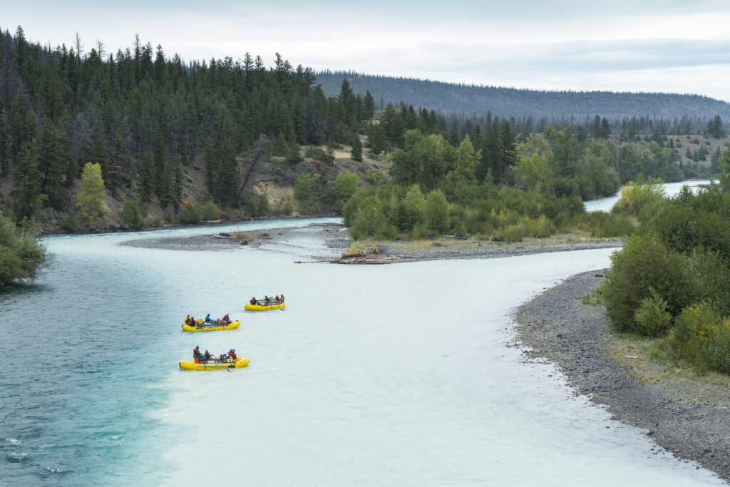a group of people in rafts on a river