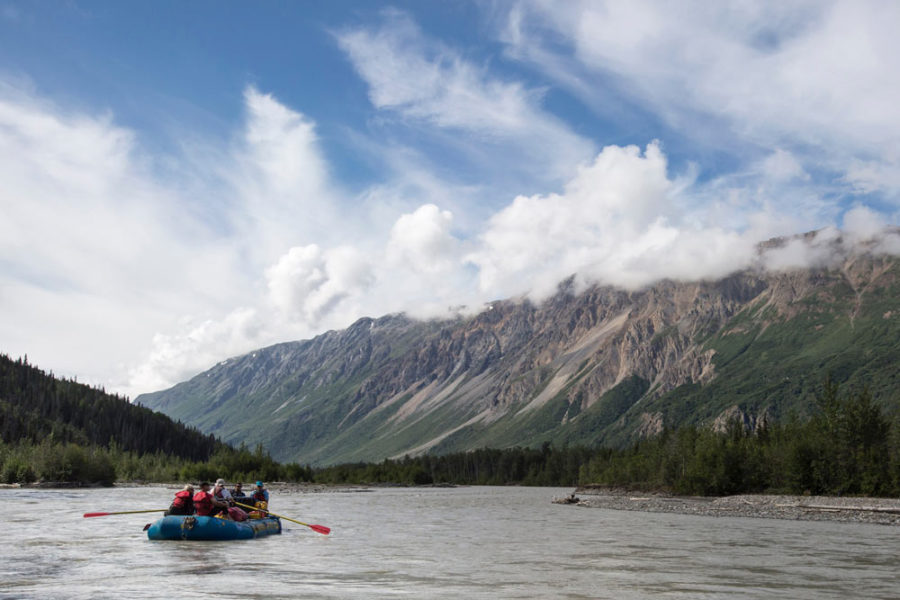 Rafters on the Tatshenshini River, which flows through the Yukon, B.C., Alaska, Glacier Bay National Park, Alsek/Tatshenshini Provincial Park, out to the Gulf of Alaska.