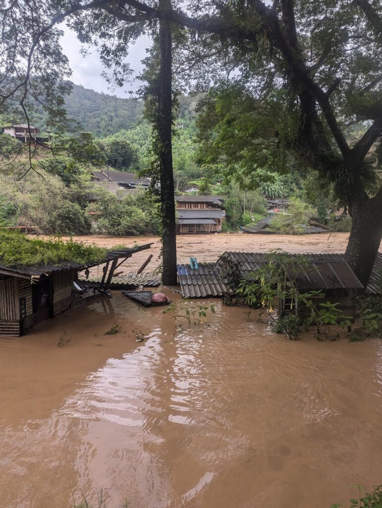 a flooded area with houses and trees
