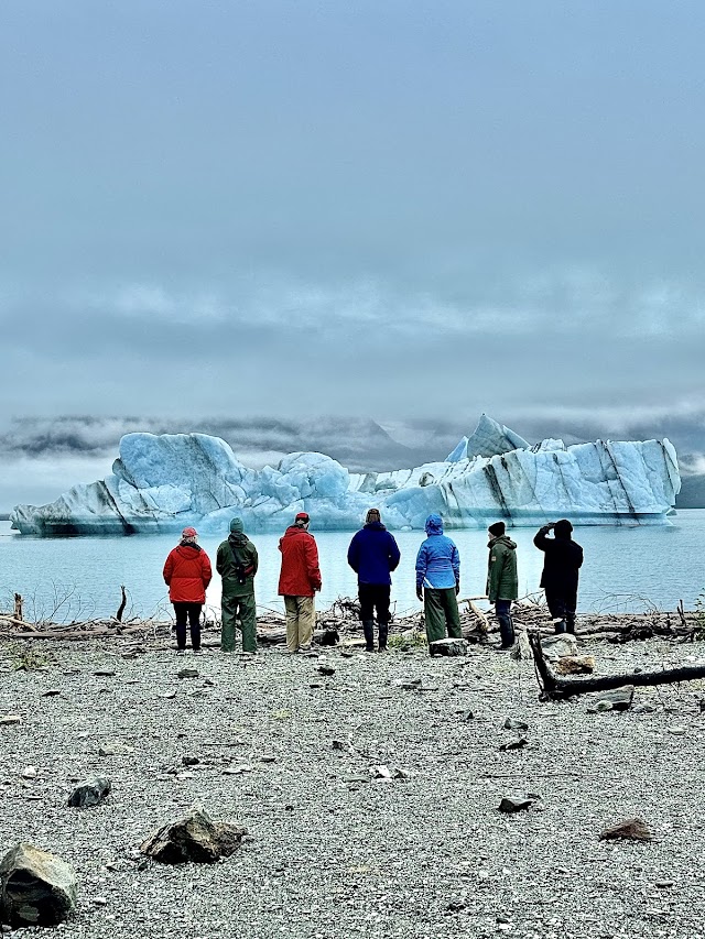 People observing a large iceberg