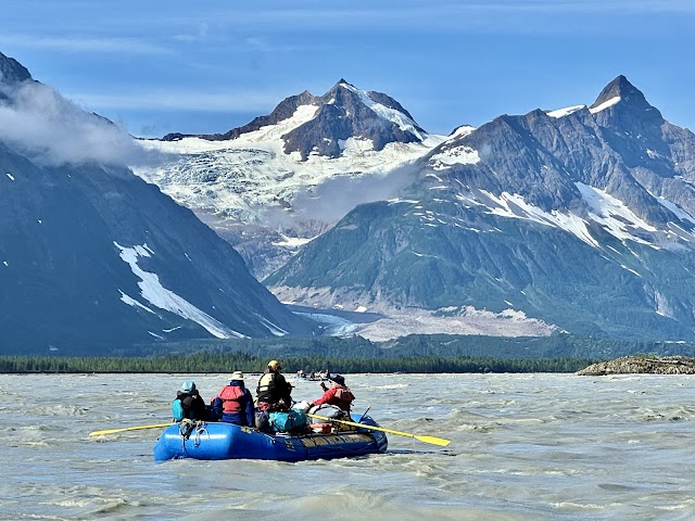 Rafting in a scenic mountain landscape