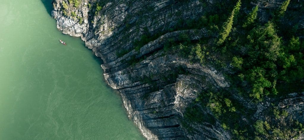 Aerial view of rocky riverbank.