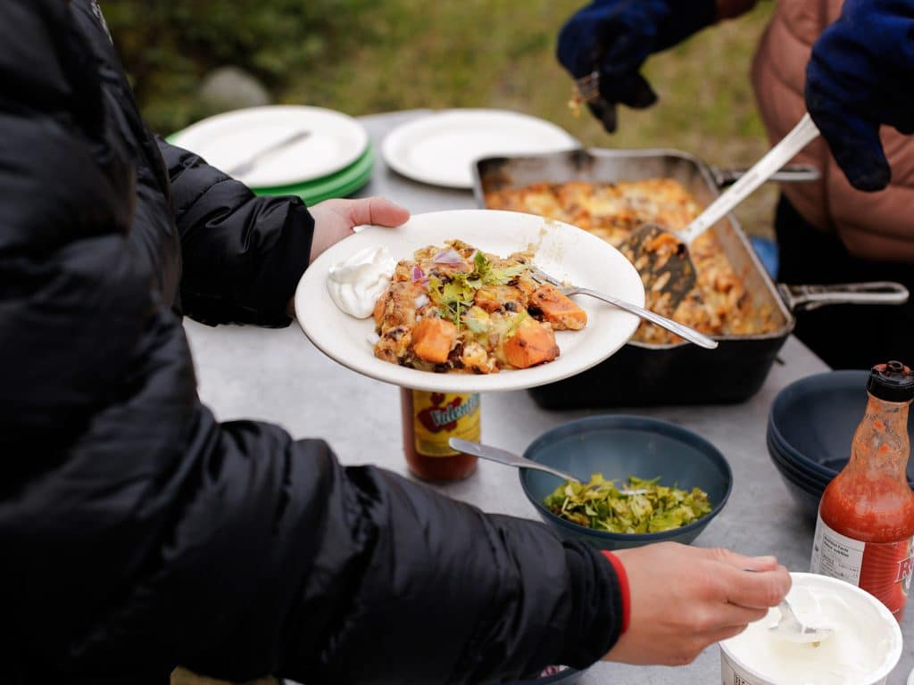 Serving food outdoors on a plate