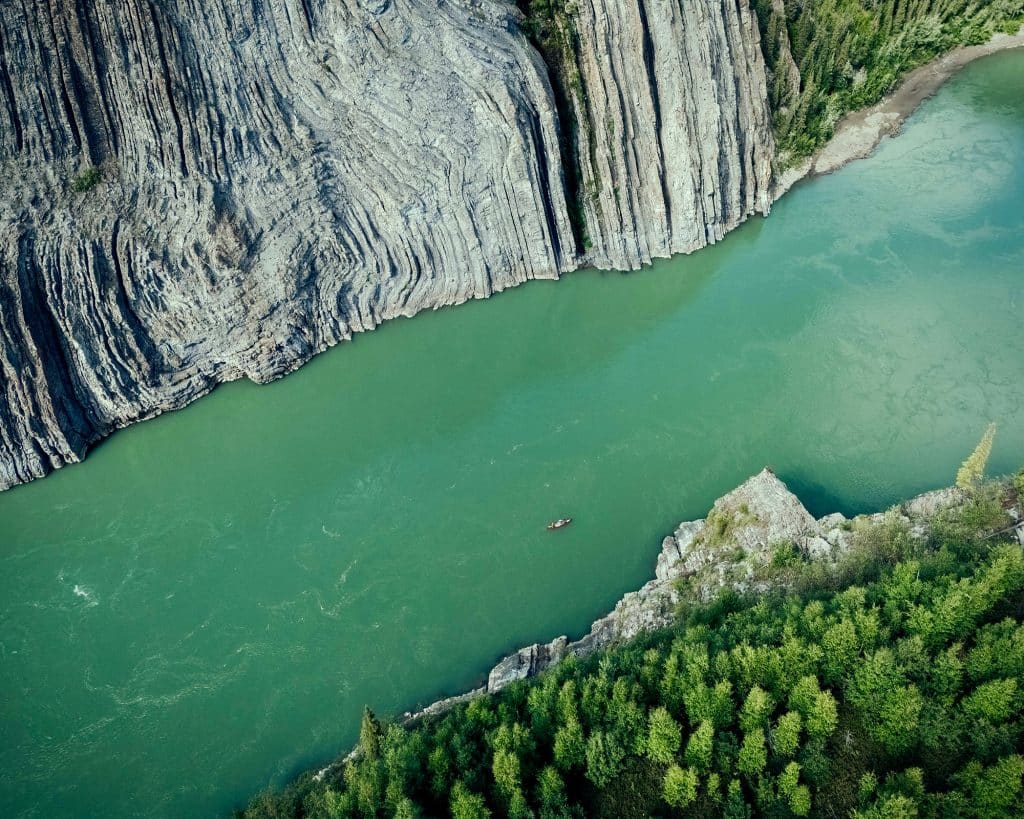 Aerial view of river and cliffs.